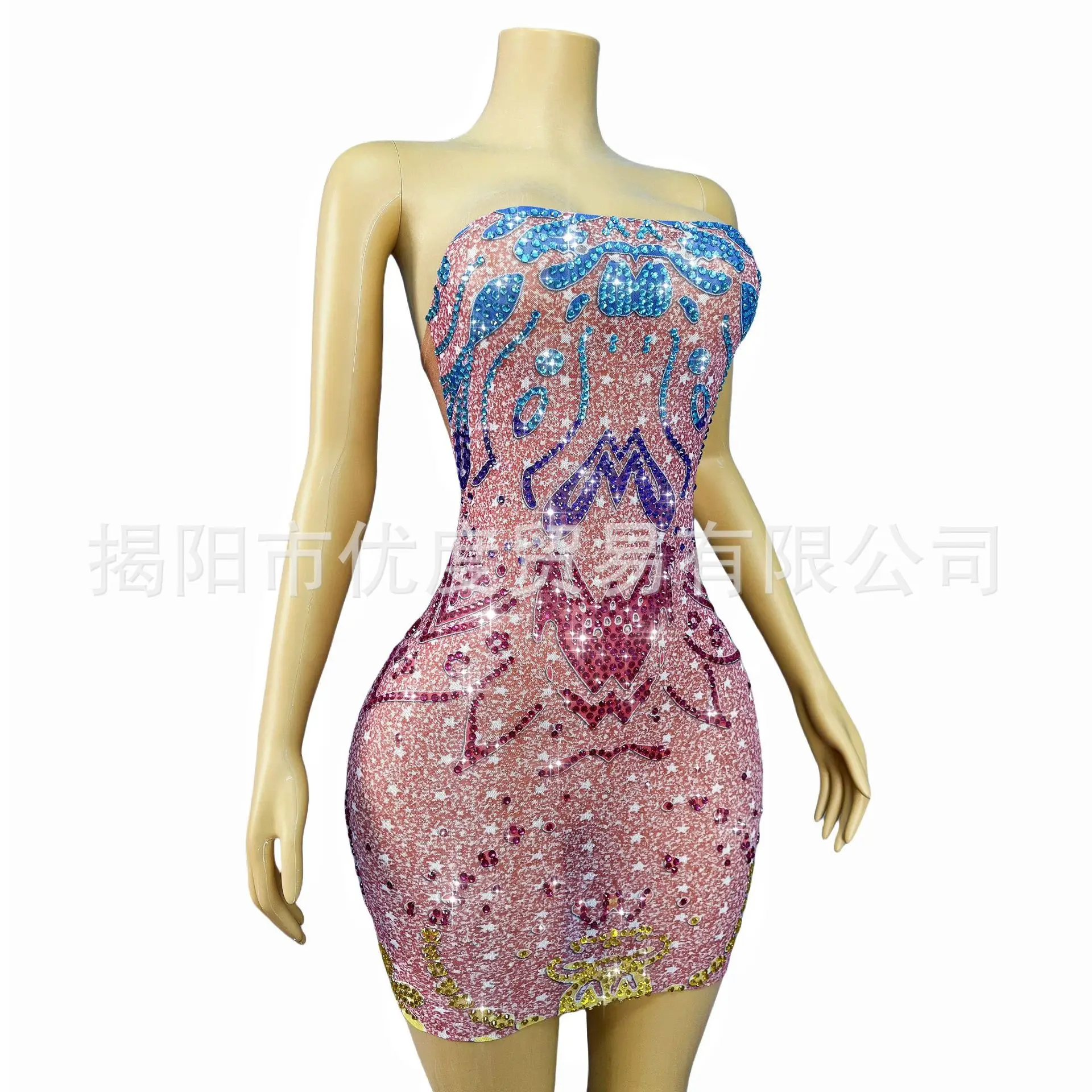 Sexy strass rosa minissaia palco desempenho vestido estiramento malha luz luxo vestido de aniversário estrela flor vestidos de flamenca