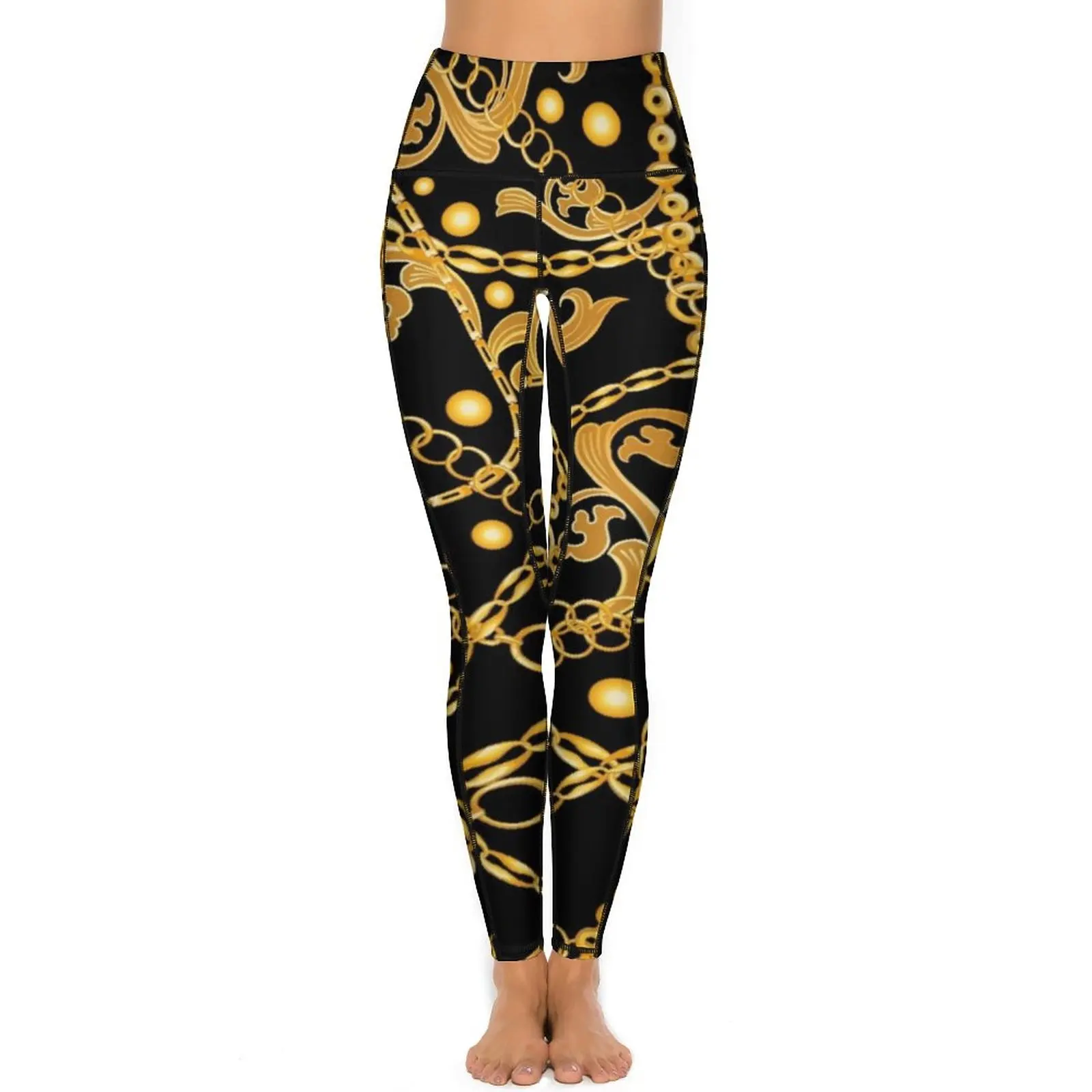 Gold Chains Leggings Sexy Retro Baroque Print Push Up Yoga Pants Casual Stretchy Leggins With Pockets Graphic Gym Sport Legging