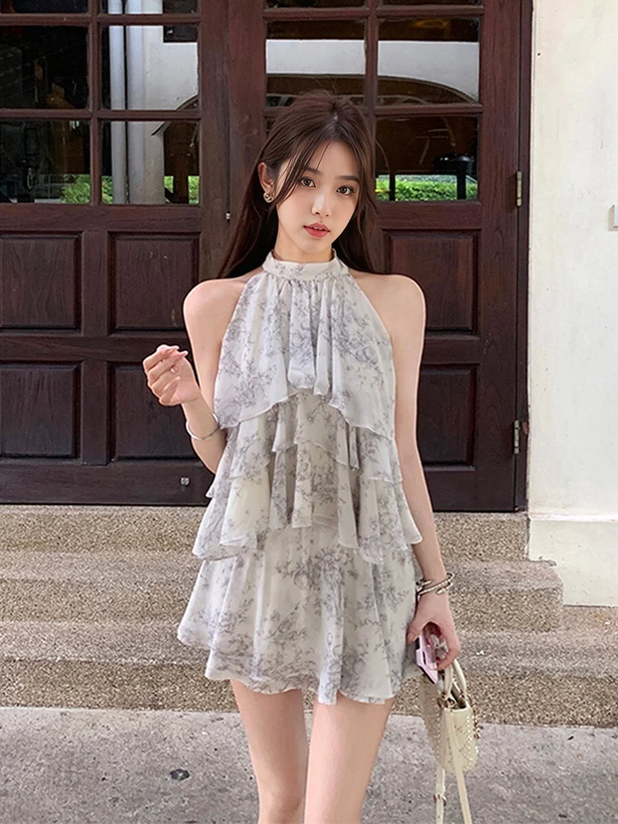 

New Chinese Sle Summer Faion Set Women's Printed Ne Hanging Chiffon Top Skirt f-length ort Skirt Ensemble