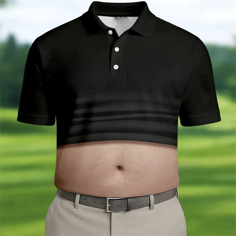 Lustiges 3D-Druck Big Belly Cosplay Golf-Poloshirt für Herren, Kurzarm-Poloshirt mit Knöpfen, Schwarz, Persönlichkeit, Neu, Einzigartiges Oberteil – Detail 3