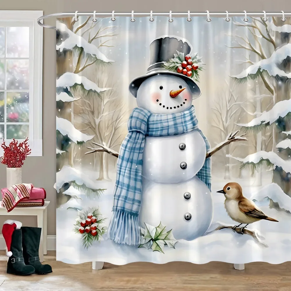 Christmas Snowman Shower Curtain Christmas Tree Christmas Gifts Festive Polyester Fabric Bath Curtains Bathroom Decor with Hooks