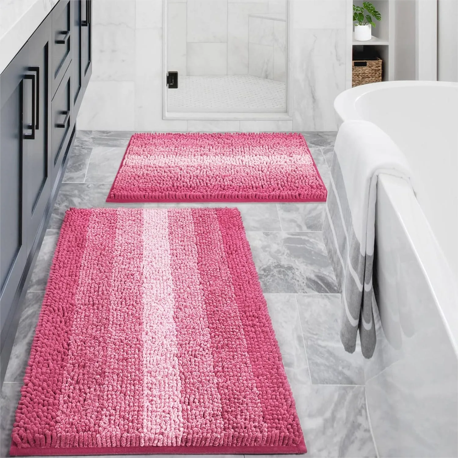 

Gibelle Pink Bathroom Rug Set 2 Piece, Chenille Non Slip Bath Mat Set, Absorbent Shower Rug, Quick Dry Bathmat for Tub