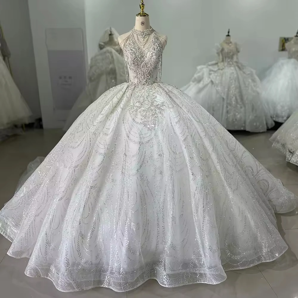 White Wedding Dresses For Bride Halter Sleeveless Lace Up Back Ball Gown Sequined Beading Embroidery Customized Bridal Dress