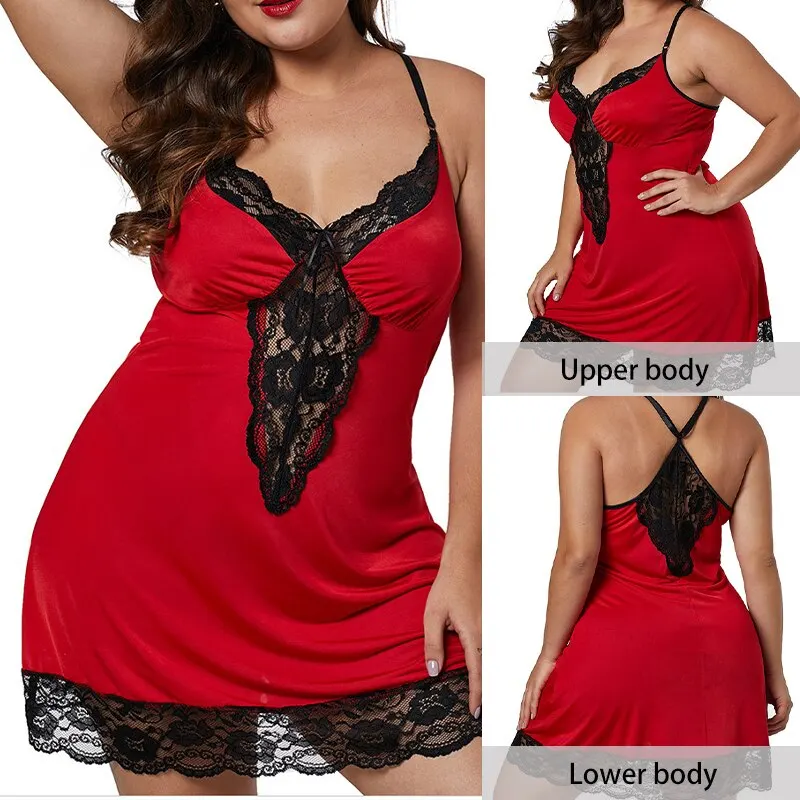 Women\'s Sexy Spaghetti Straps Lingerie Nightwear Plus Size Lace Pajamas Sleeveless Soft And Comfortable Solid Color Home Clothes