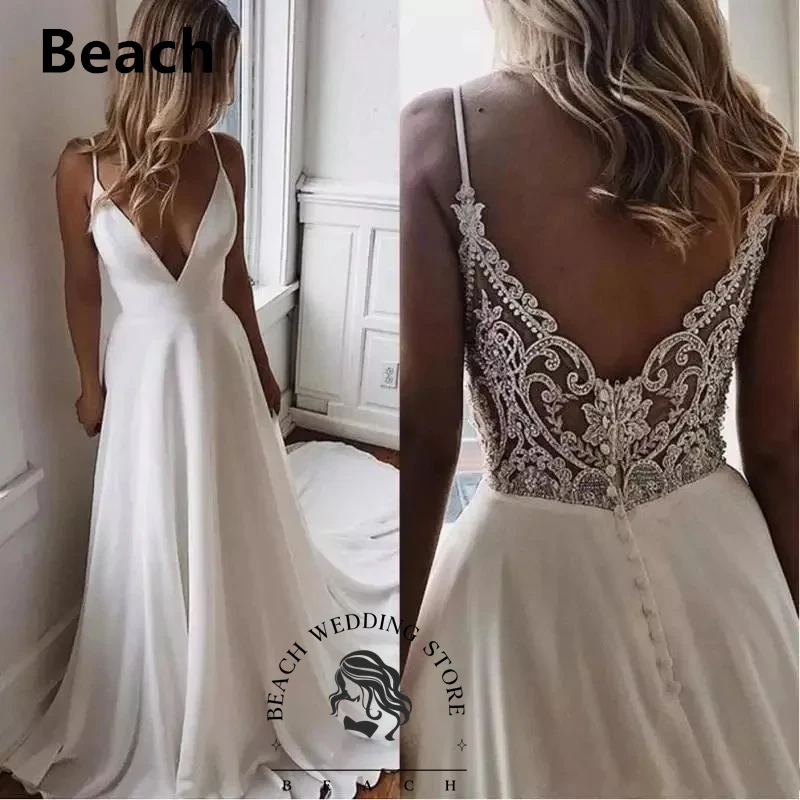 Praia personalizado cinta de espaguete com decote em v vestidos de casamento rendas apliques sem costas elegante vestido de noiva vestidos a linha trem varredura