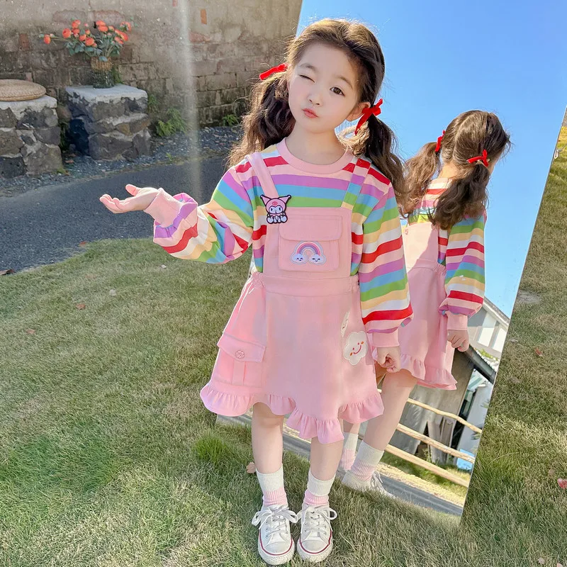 

2024 Kuromi Girls Rainbow Striped Suspenders Dress Set Sanrio Kawaii Anime Autumn Children Clothes Cartoon Cute Tops Kid Gift