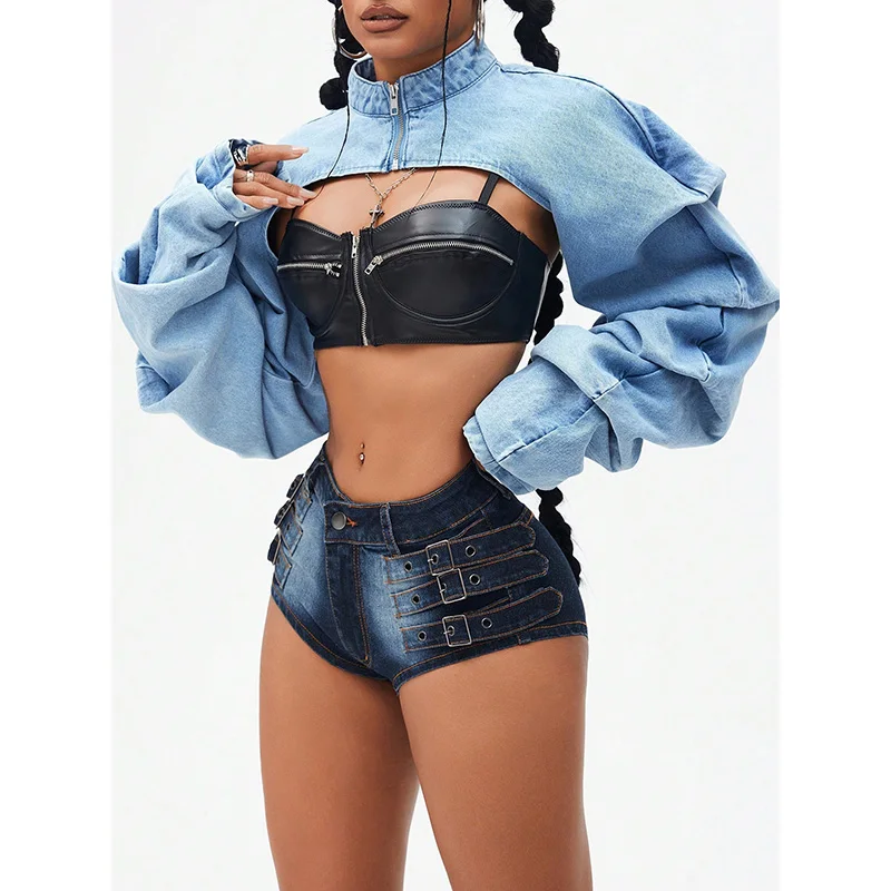 베뉴인피 스탠드 칼라 지퍼 슈퍼 숏 데님 재킷 여성용 2026년 봄 신상 2000년대 스트리트웨어 긴팔 크롭 아우터웨어