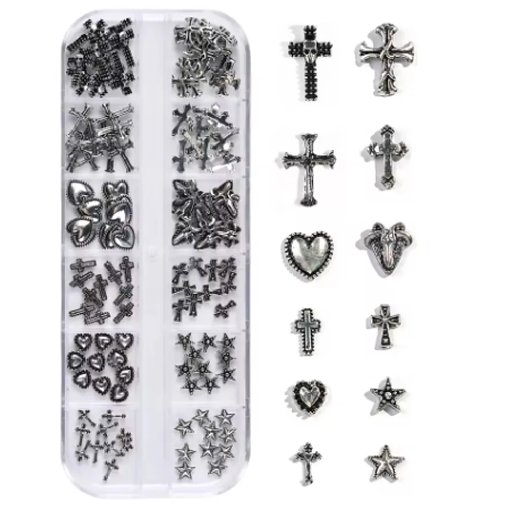 

120 pcs / 1 box European American dark vintage style cross nail art patch y2k Premium Metal Style Heart Nail Metal Decorment Set