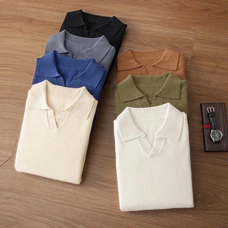 ATTYYWS  New 26 Men's Knitted 100% Cashmere Collar Sweater Casual Loose Long Sleeve pullover Autumn Winter Sweater Solid Color