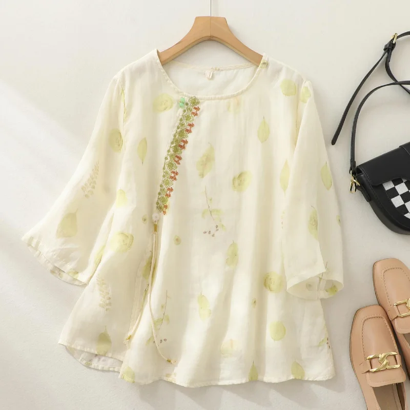

Chinese Style Vintage Embroidery Cotton Linen 3/4 Sleeve T-Shirt Women Summer Loose Style Print Pullover Linen Top