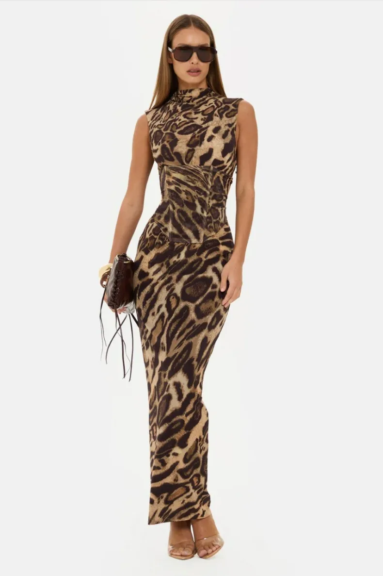 Leopardenmuster Tailliertes Slim-Fit-Kleid für Damen Zweiteiliges Set für Urlaub, Abendessen, Geburtstagsfeier Elegantes Damenkleid – Detail 4