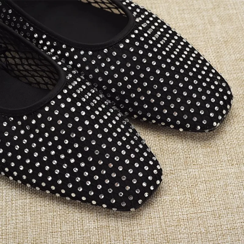 Mesh Transparent Shoes Woman 2024 Trend Summer Shiny Crystal Ballet Flats Shoes Ladies Casual Streetwear Black Loafers Female
