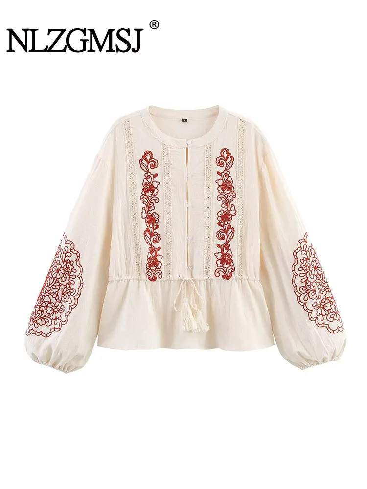 

2025 Summer Casual Women Blouse Embroidery Loose O-Neck Long Sleeves Blouse New Fashion Shirts