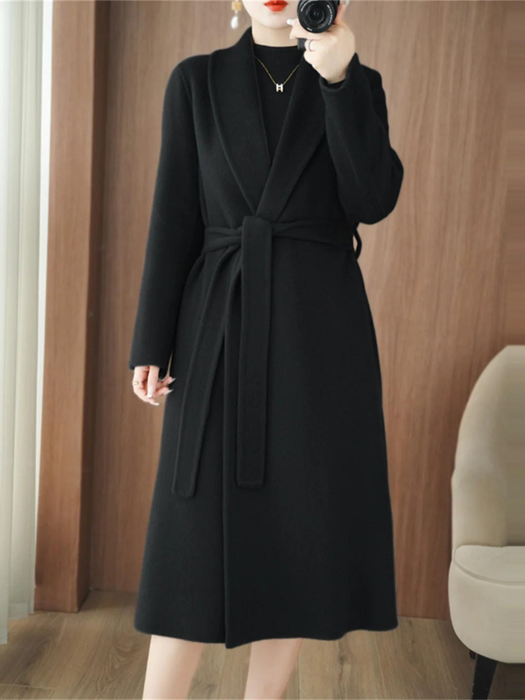 가을 겨울 양면 카메라 코트 여성용 중간 길이 울 100% 트위드 자켓 벨트 포함 다용도 슬리 한국 스타일