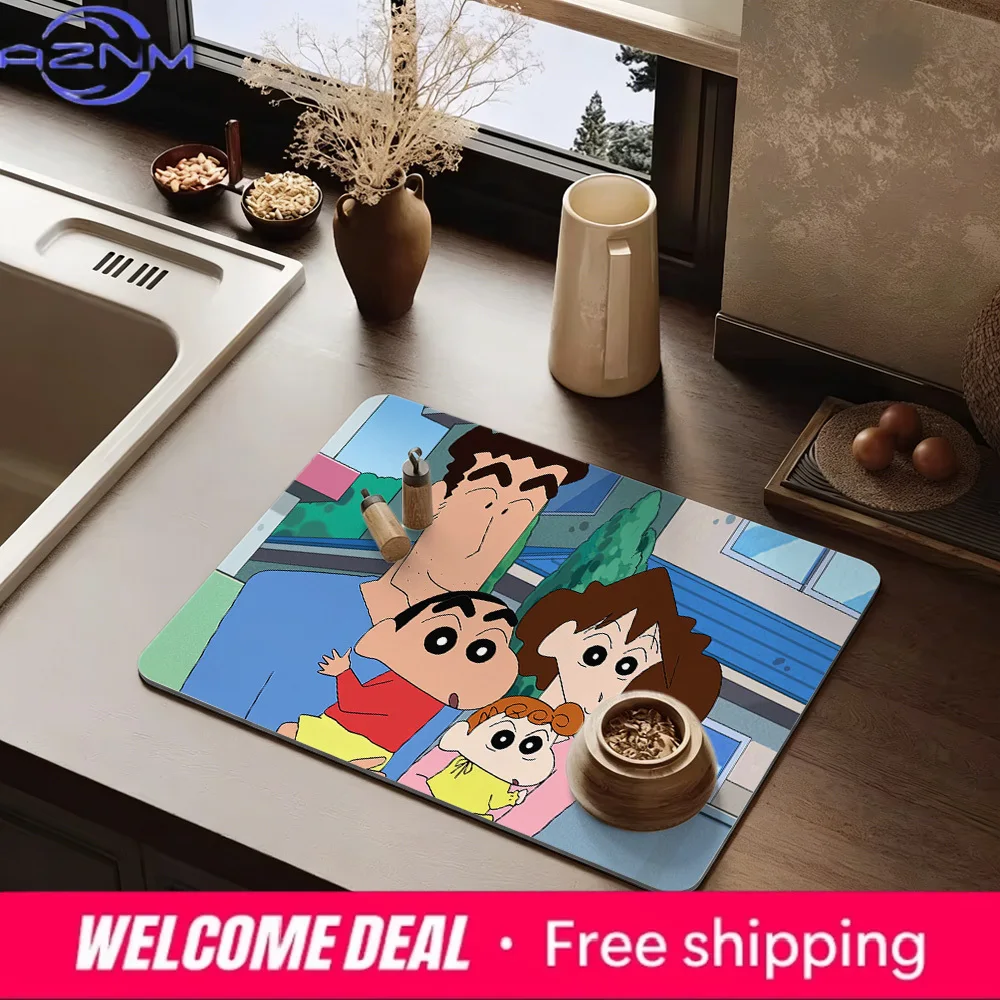 Tapete de Cocina con Estampado Familiar de Crayon Shin-chan Nohara, Base de Goma Antideslizante, Superficie de Tela Lavable, Absorbente para Vajilla