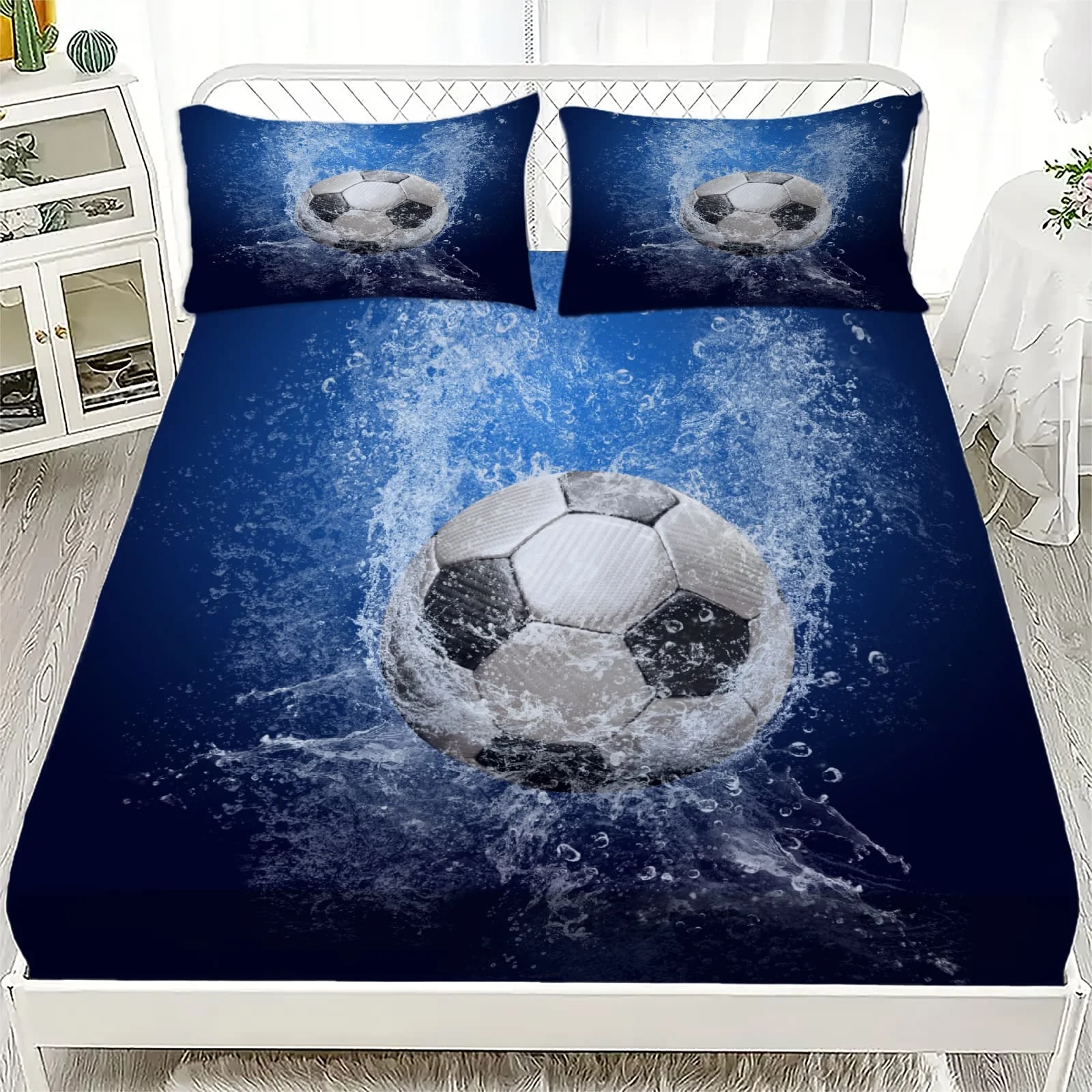 1pc Soccer Ball with Water Splash Print Fitted Sheet Deep Pocket Elastic Mattress Cover Single Double Queen King Bedroom Decor