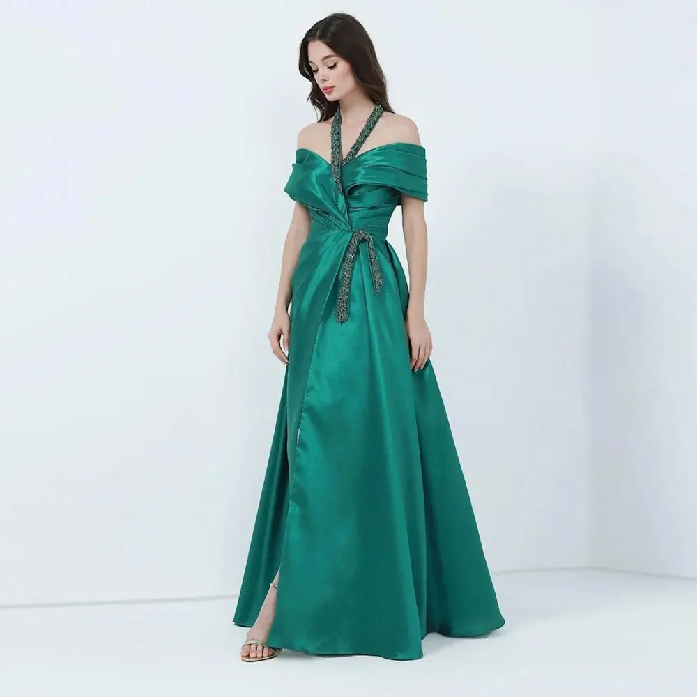 Green Halter Simple Women Evening Dresses For Special Events Floor Length A Line High Slit Rhinestone Prom Gown New 2023CL-379