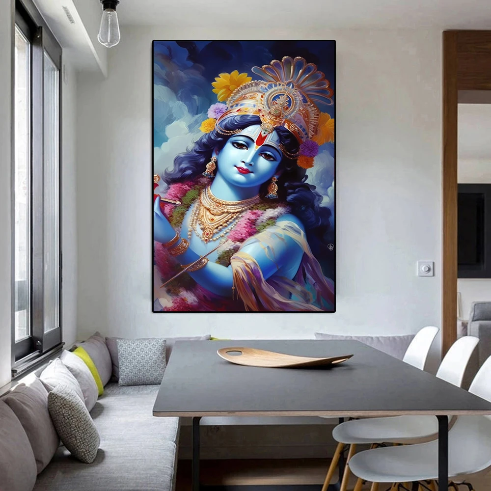 Modern Indian Krishna Hindu God Print Canvas Painting, Krishna Portrait Poster Wall Art for Living Room Bedroom Decor, No Frame