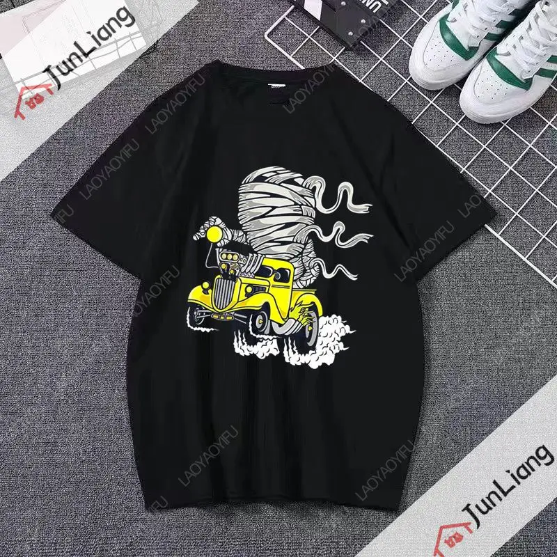 Mommy Racing Yellow Hotrod Trailer T-shirt Black or White Summer Short-sleeved Crew Neck Fashion Casual Sportswear