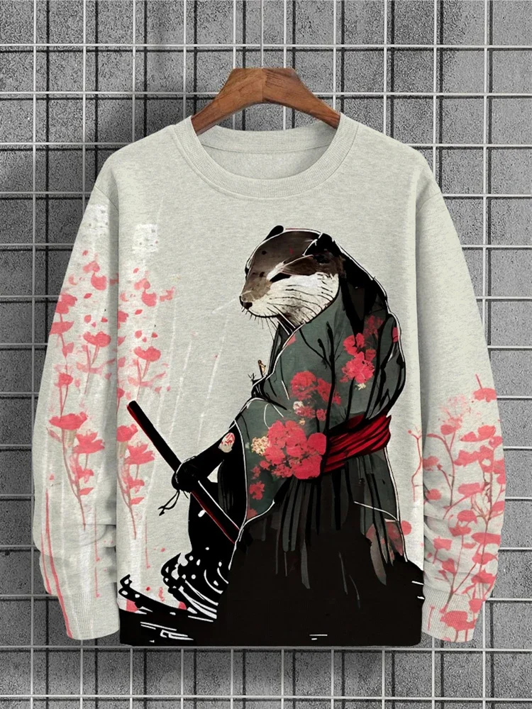 2024 Men's Long Sleeve Tops Samurai Otter Art Print Soft Casual Round Neck Couple Sweater Casual Fashion Large Size Loose