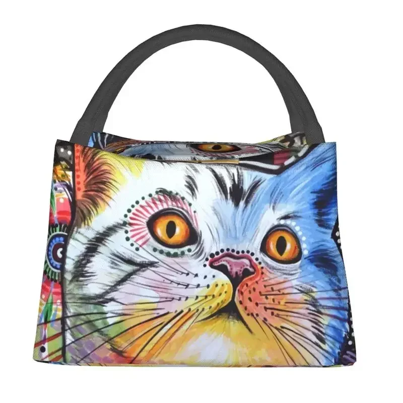 Modern Cat Portrait Painting Lunch Boxes Women Abstract Kitten Thermal Cooler Food Insulated Lunch Bag Office Pinic Container