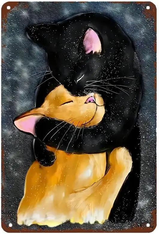 Black Orange Cat Hug Retro Metal Tin Sign Wall Decor Funny Poster for Bar Cafe Dining Room Billiard House Home De