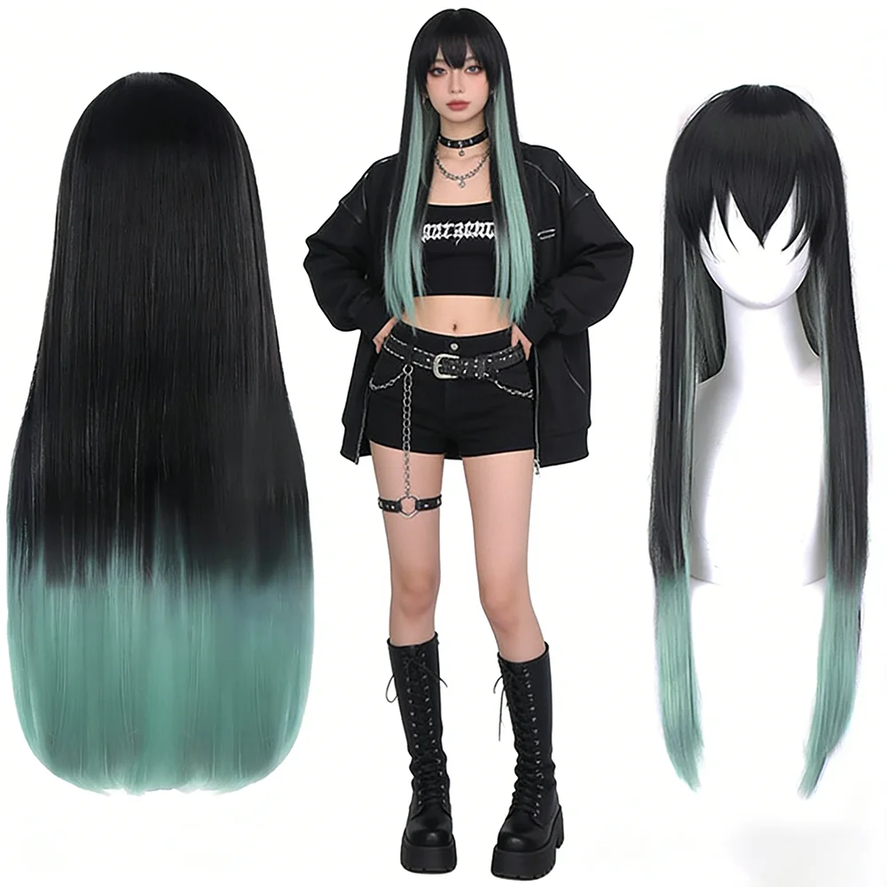 

Tokitou Muichirou Cosplay Wig Ombre Black to Mint Green Long Straight with Double Ponytails Heat Resistant Synthetic Anime Hair