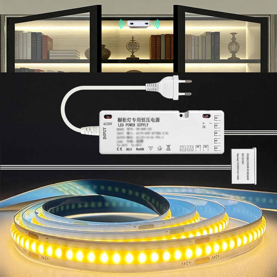 

Светодиодная лента COB DC12V с датчиком движения для двойных дверей, 320 LED/м, для шкафов, книжных полок, витрин, подсветки полок и шкафов