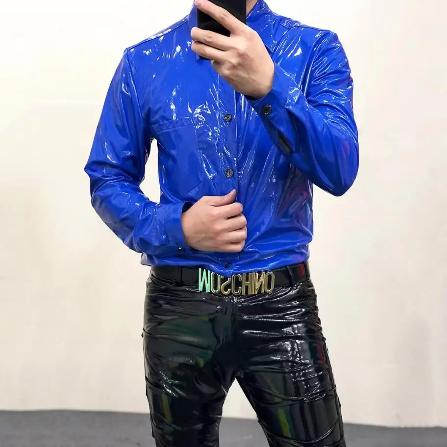 معكوسة عاكسة الرجال بولي Leather قميص من الجلد معطف تمتد الذكور موضة عادية سليم قمصان ملهى ليلي زي حجم كبير بلايز Hombre