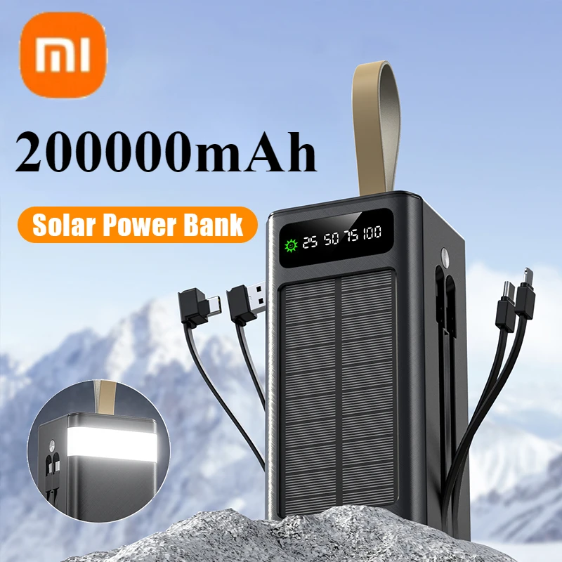 Xiaomi 200000mAh Thick Solar Power Bank Built-in Cables Large Capacity External Battery Power Bank LED Light for iPhone Huawei