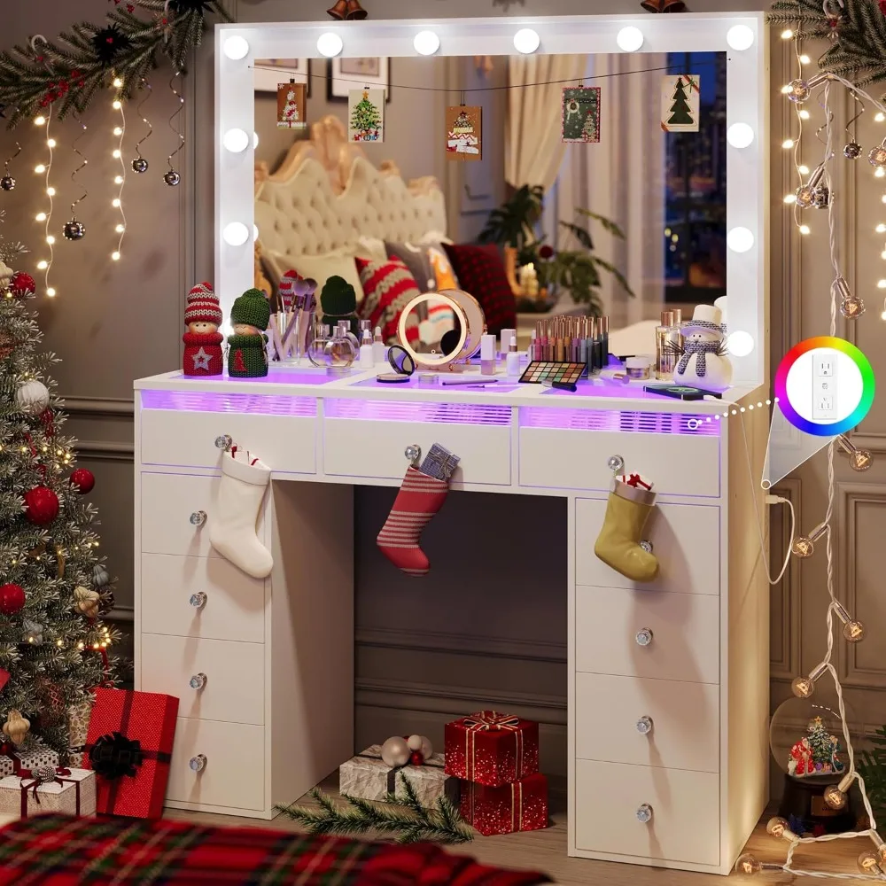 

Makeup Vanity Desk with 11 Storage Drawers, Glass Top Vanity with 3 RGB Lighted Drawers, Makeup Table with 36.9 Oversized Mirror