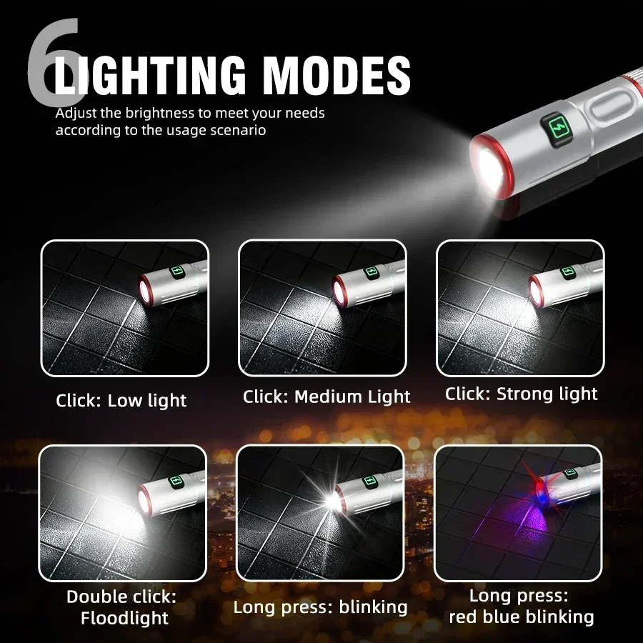 Edc bolso mini lanterna colar chaveiro lanternas 6 modos de iluminação usb recarregável portátil acampamento pesca tocha led