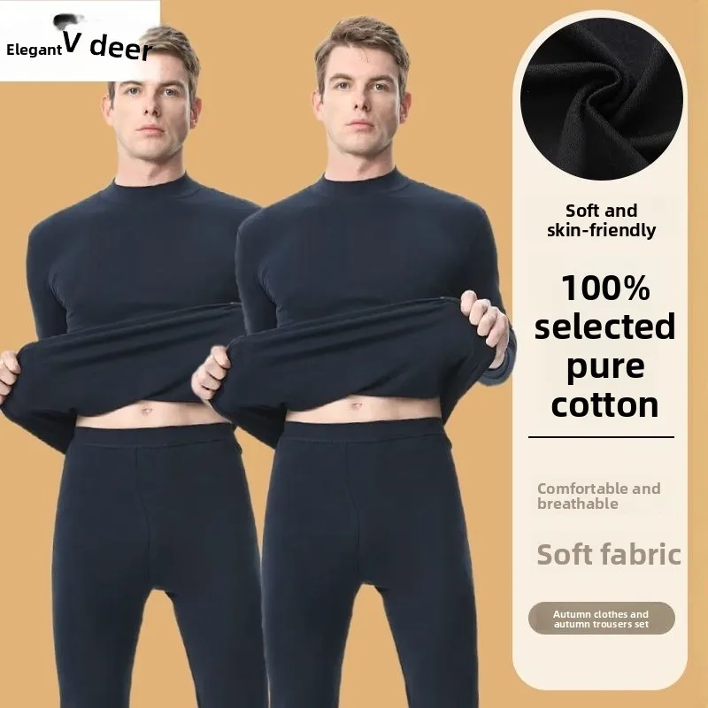 100% 순면 롱존스 수트 남성용 겨울 따뜻한 순면 스웨터 안감 방한 속옷 겨울 파자마 남성용