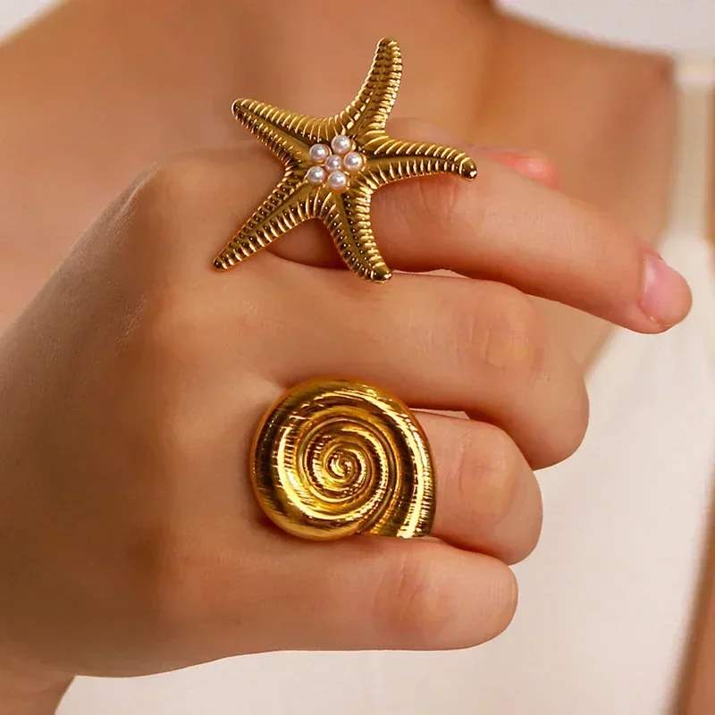 Exquisite Stainless Steel Starfish Imtation Pearl Open Rings For Women Gold Plated Ocean Style Wide Rings Fashion Jewelry Gifts