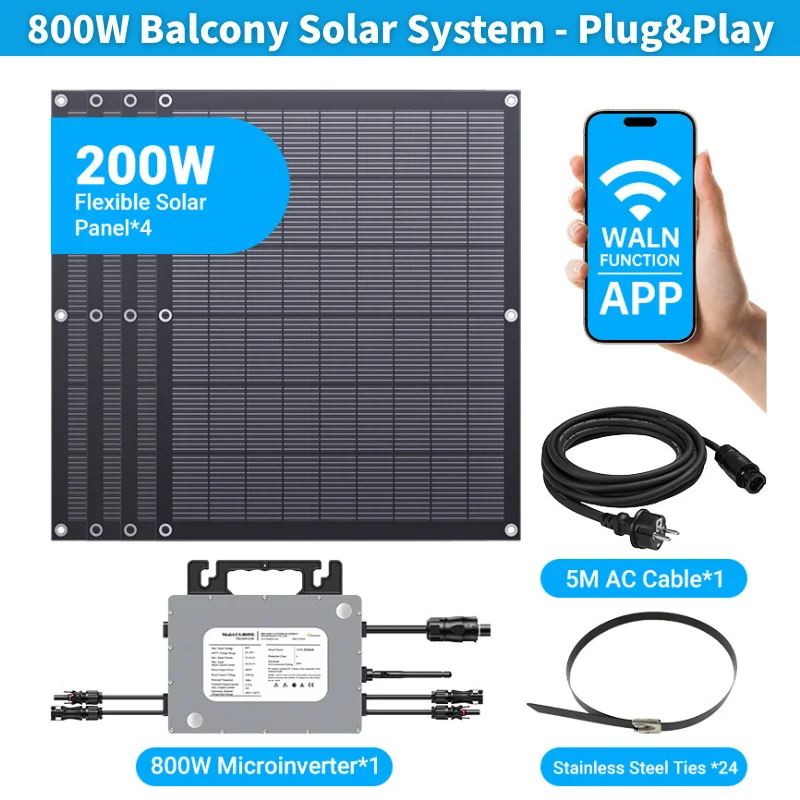 Plug&Play 800W Balcony Solar System Micro Inverter and 4PCS 200W Flexible Solar Panels Easy Installation All in One Carton