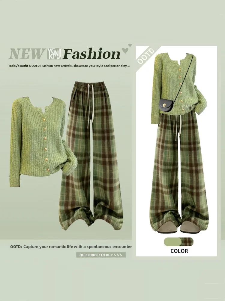 

Green Knitted Sweater Cardigan with Small Gold Button Loose Wide Leg Pants Casual Two Piece Set Autumn Winter Fashion Women's...