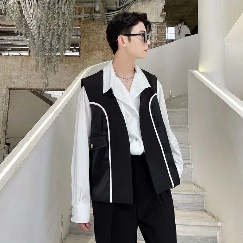 

Trendy Men's Blazer Vest Slim Satin Waistcoat with Color Blocked Design Perfect for Stylists Barbers and Formal Occasions​