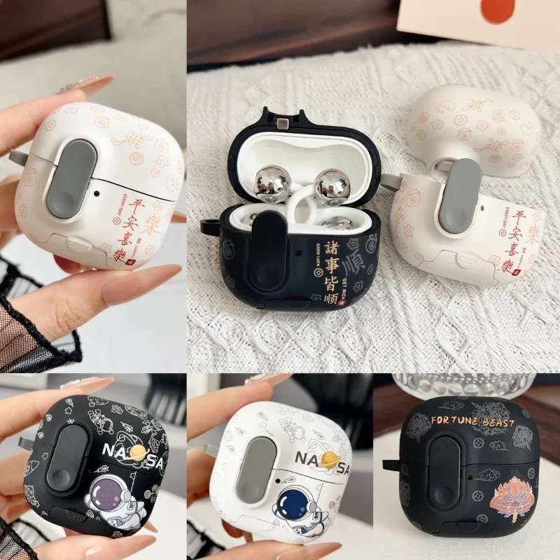 

For Huawei FreeBuds Pro5 7i FreeClip 2 Earphone Case Frosted Anti-drop Meaning of Wealth Lucky Switch Lock Hook Protective Cover