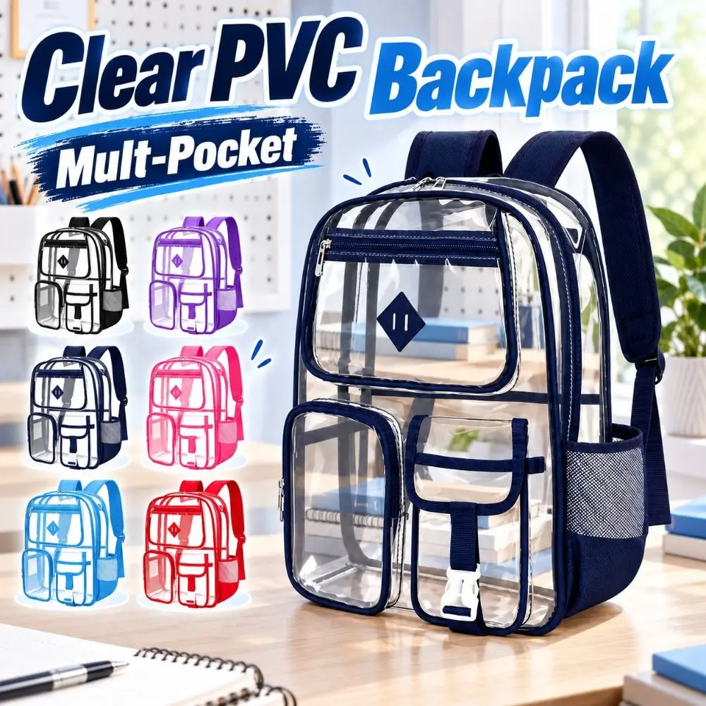 Mult-Pocket Clear PVC Backpack Transparent Waterproof School Backpack Wear-Resistant Durable See-Through Bookbag