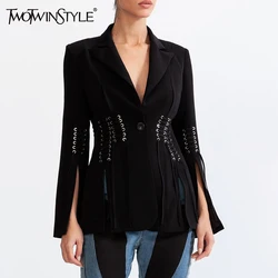 Blazer de estilo TWOTWINSTYLE con cordones y temperamento para mujer, cuello con muescas, manga larga, botón empalmado, Blazers de diseñador para mujer