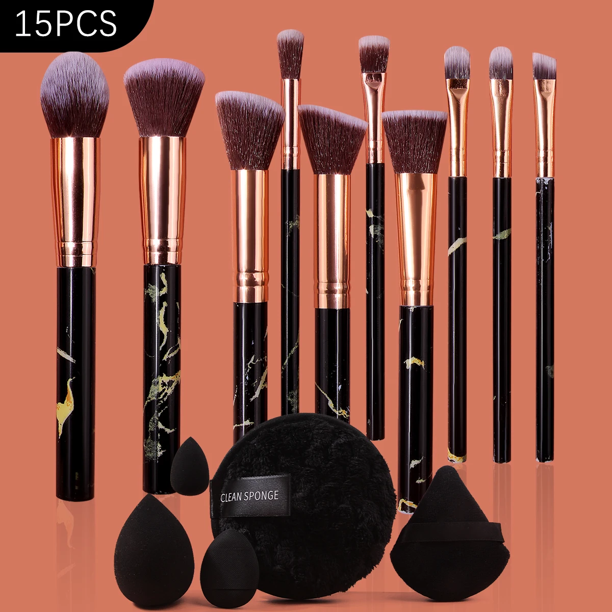 15PCS Black marbling multi-functional makeup brush set & High resilience sponge egg powder puff & cleansing powder puff
