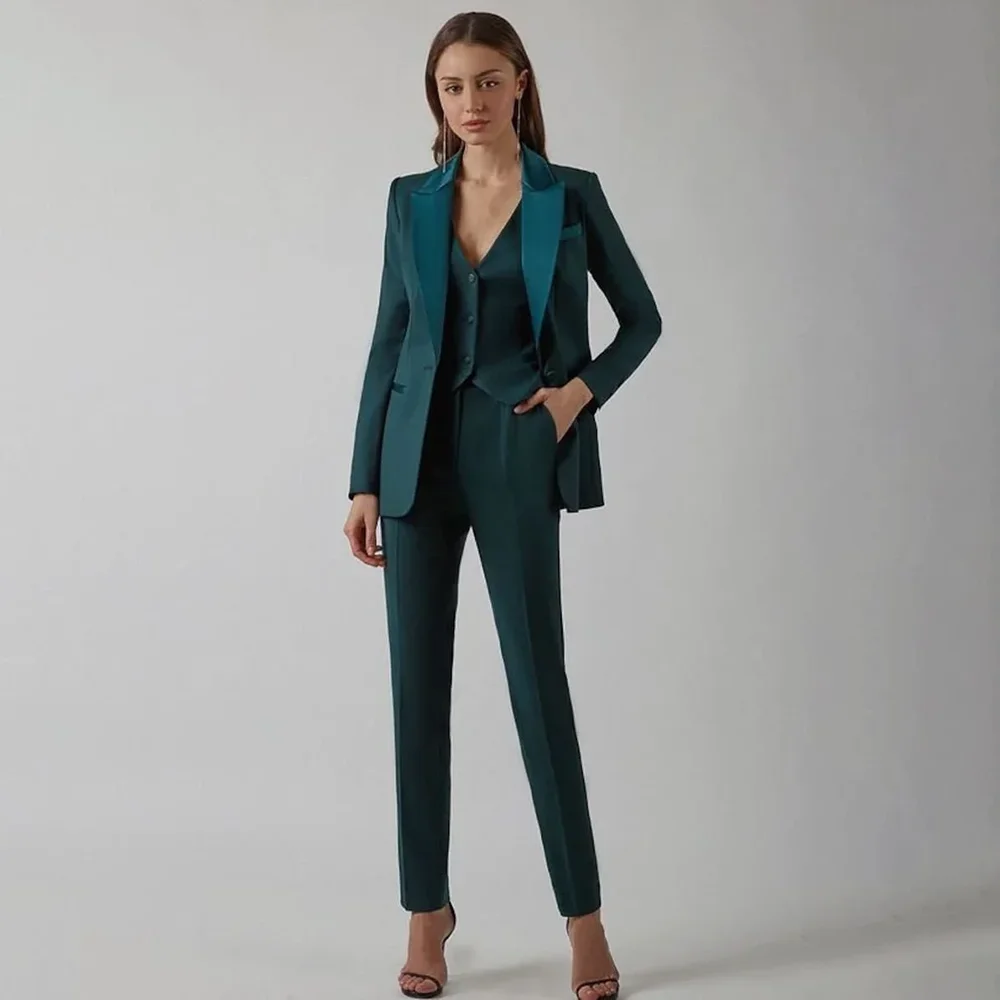 Green Peak Lapel Women Suits 3 Piece Solid One Button Daily Office Lady Casual Outfits Fashion Pants Sets (Blazer+Vest+Pants)