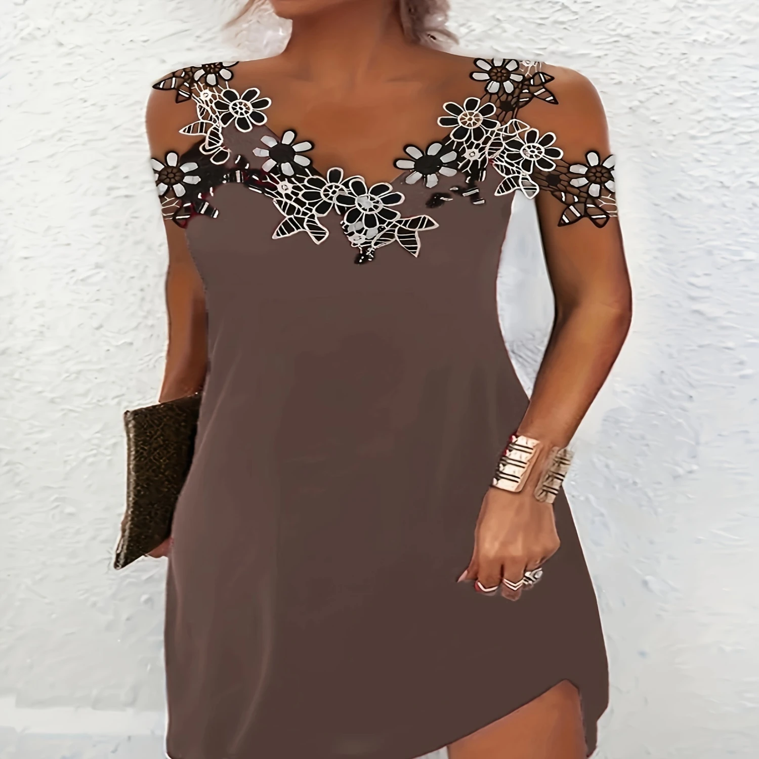 Floral Applique Dress, Casual V Neck Cold Shoulder Dress, Women's Clothing