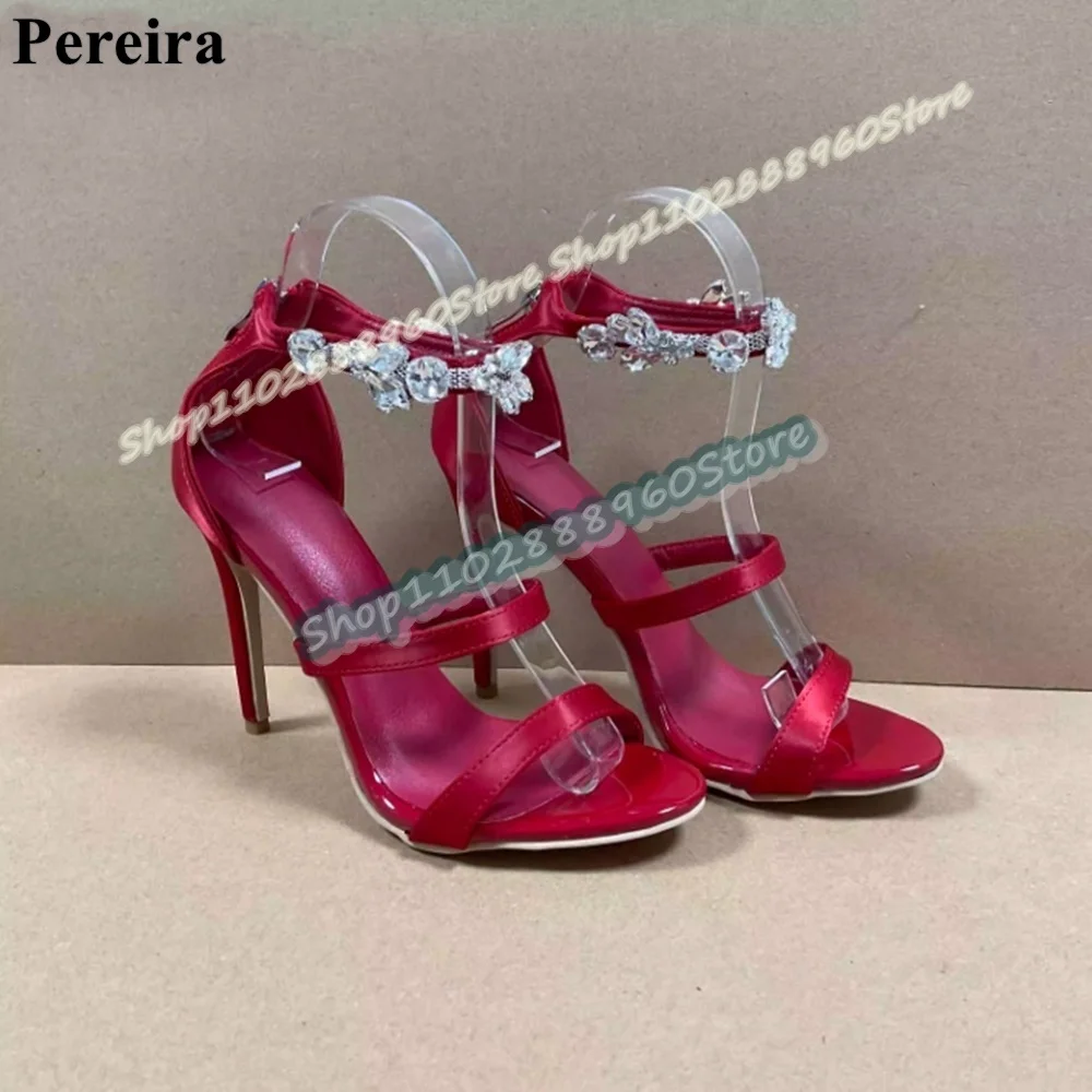 

Sexy Red Satin Strappy Crystals Sandals Thin High Heel Women Shoes Back Zipper Open Toe Luxury Gorgeous Banquet Women Sandals
