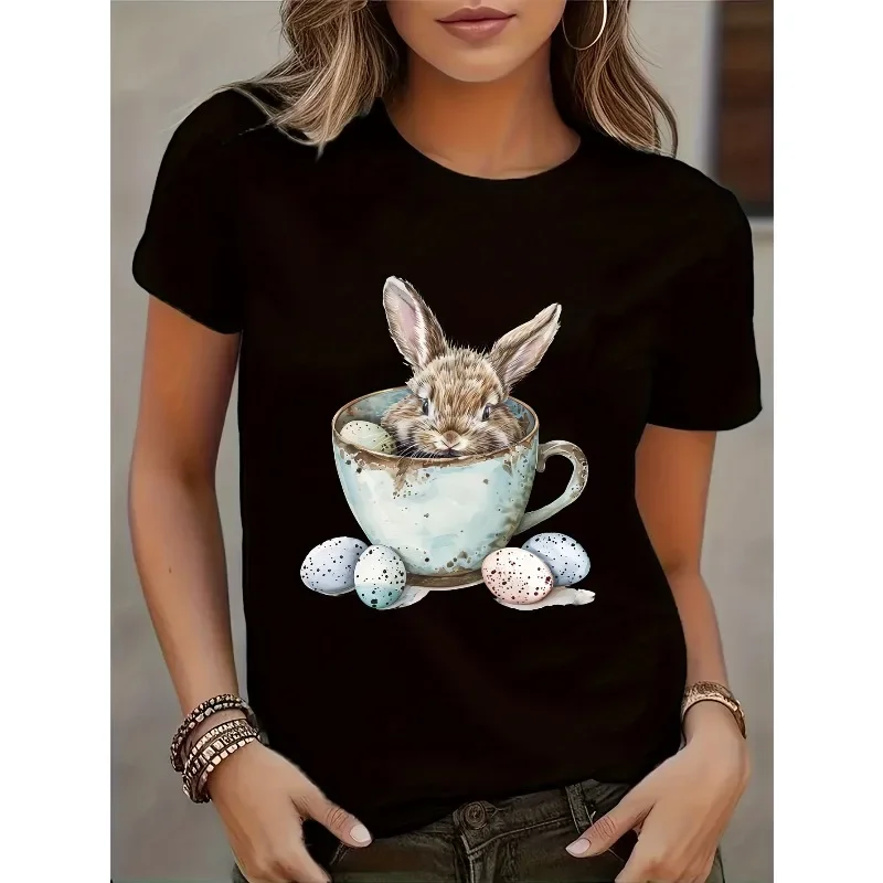 Easter Bunny Print Summer Casual T-shirt Round Neck Pure Short Sleeved Sports Tee Women's Round Neck Holiday Trendy Top
