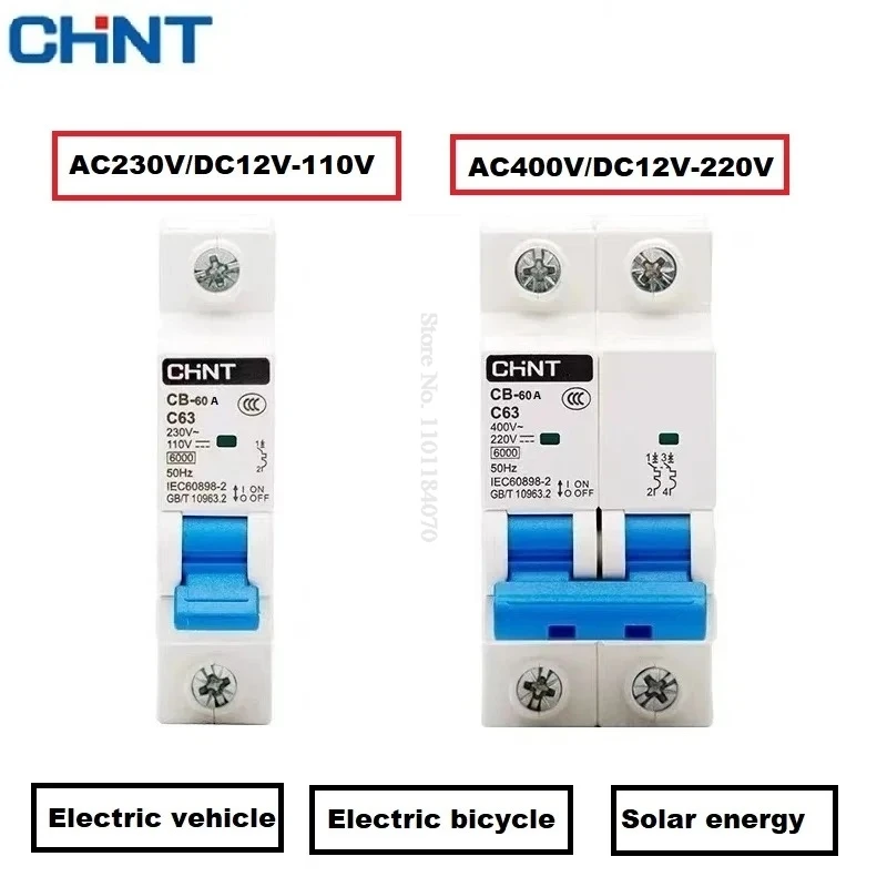 CHINT MCB Electric Vehicle Bicycle Solar Energy Power CB 63A 6A 10A DC 110V 220V AC 230V 400V Miniature DIN Rail Circuit Breaker