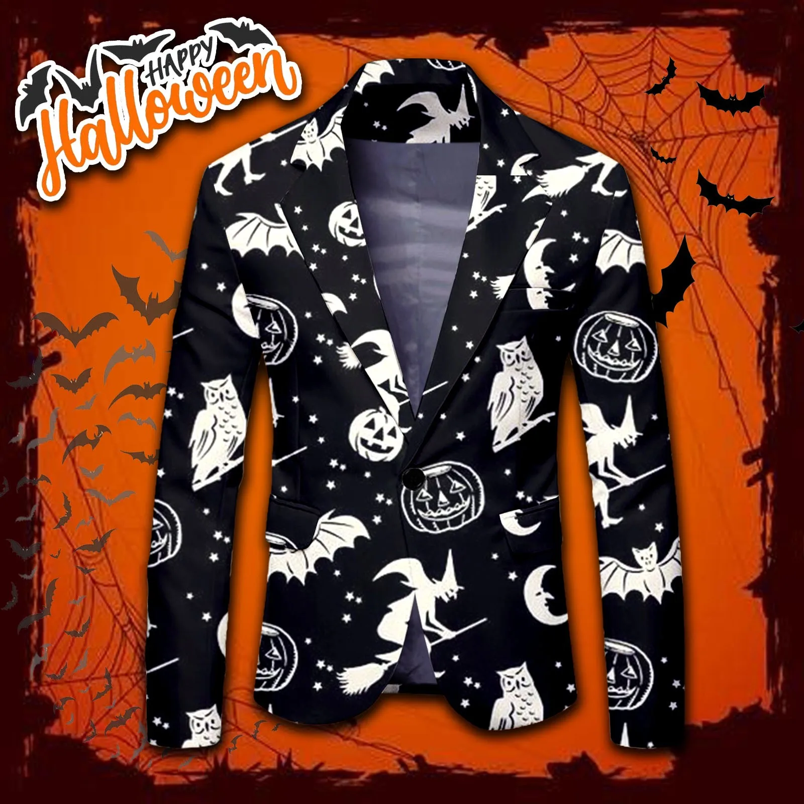 Fashion Halloween Pumpkin Print Suit Autumn Long Sleeve Cosplay Jacket Men Casaul Lapel Neck One Button Blazer with Pocket