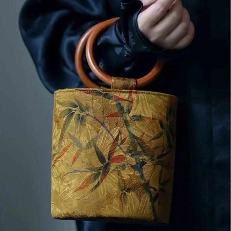 Wooden Handle Circular Vintage Bucket Bag 2024 New Handbag Women Art Retro Chinese Style Bags Silk-like Medieval Top-Handle Bags