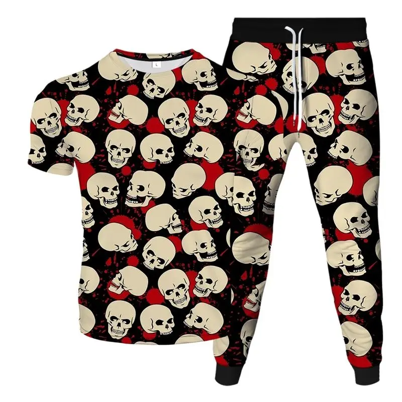 Punk Style Skull Flower Weed Fire Printing Mens Holloween Tracksuit T-Shirt Jogging Pants 2Pcs Set Clothing Suit Oversized S-6XL