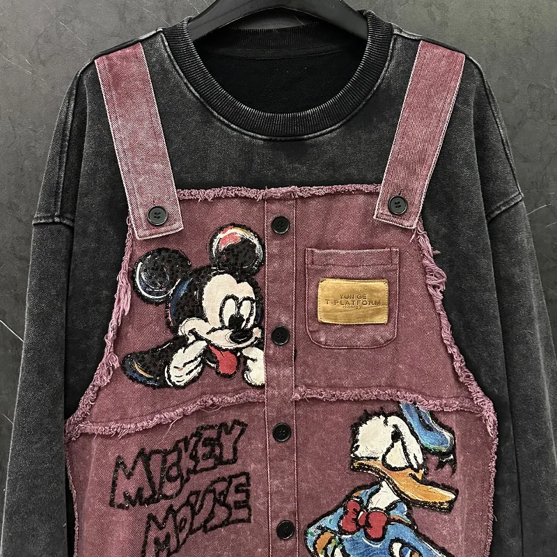 Autumn Heavy Industry New Style Strap Fake Two-Piece Cartoon O-Neck Sweatshirt Women's Loose Casual Versatile Pullover Hoodies